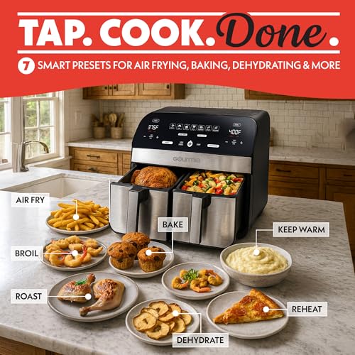 Gourmia Dual Basket Air Fryer - 10 Qt Large Capacity, FryForce360º, Digital Display with 7 Presets, Roast, Bake, Broil, Dehydrate, Match Cook, Sync Finish, Dishwasher Safe Accessories, Black - My Kitchen Products