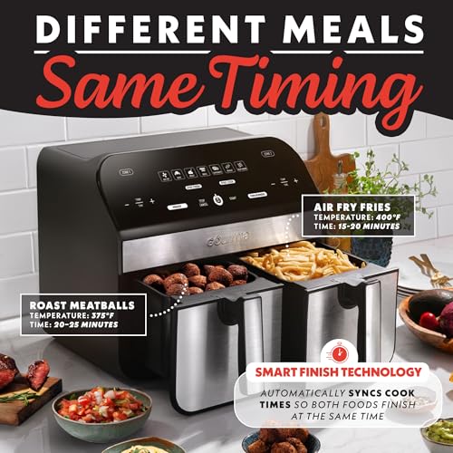 Gourmia Dual Basket Air Fryer - 10 Qt Large Capacity, FryForce360º, Digital Display with 7 Presets, Roast, Bake, Broil, Dehydrate, Match Cook, Sync Finish, Dishwasher Safe Accessories, Black - My Kitchen Products
