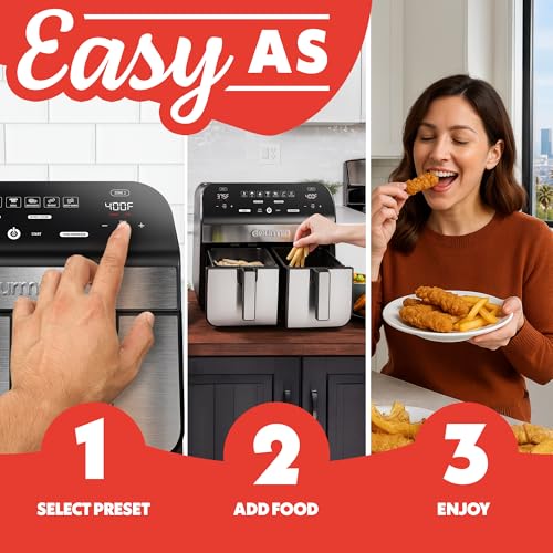 Gourmia Dual Basket Air Fryer - 10 Qt Large Capacity, FryForce360º, Digital Display with 7 Presets, Roast, Bake, Broil, Dehydrate, Match Cook, Sync Finish, Dishwasher Safe Accessories, Black - My Kitchen Products