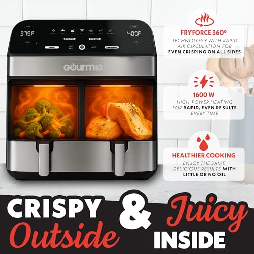 Gourmia Dual Basket Air Fryer - 10 Qt Large Capacity, FryForce360º, Digital Display with 7 Presets, Roast, Bake, Broil, Dehydrate, Match Cook, Sync Finish, Dishwasher Safe Accessories, Black - My Kitchen Products