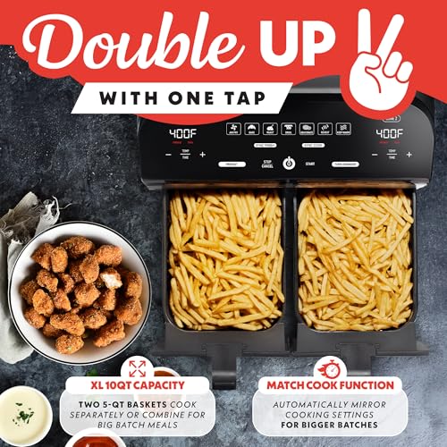 Gourmia Dual Basket Air Fryer - 10 Qt Large Capacity, FryForce360º, Digital Display with 7 Presets, Roast, Bake, Broil, Dehydrate, Match Cook, Sync Finish, Dishwasher Safe Accessories, Black - My Kitchen Products