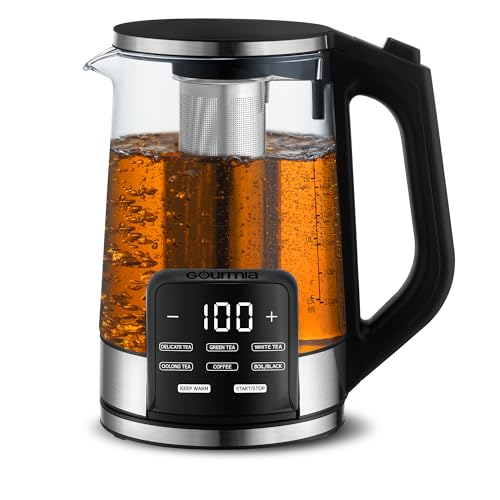 Gourmia Electric Glass Kettle – 1.7L Programmable Tea & Coffee Brewer with Digital Touch Display, 6 Presets, Removable Stainless Steel Infuser, Cordless with 360° Swivel Base, Black - My Kitchen Products