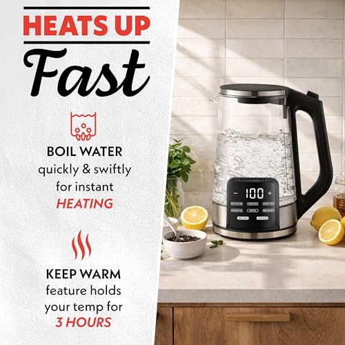 Gourmia Electric Glass Kettle – 1.7L Programmable Tea & Coffee Brewer with Digital Touch Display, 6 Presets, Removable Stainless Steel Infuser, Cordless with 360° Swivel Base, Black - My Kitchen Products