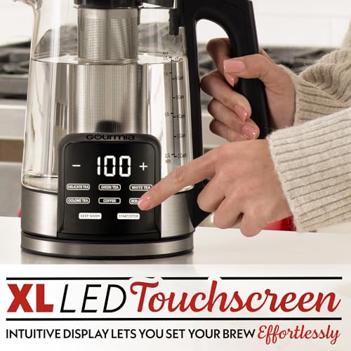 Gourmia Electric Glass Kettle – 1.7L Programmable Tea & Coffee Brewer with Digital Touch Display, 6 Presets, Removable Stainless Steel Infuser, Cordless with 360° Swivel Base, Black - My Kitchen Products
