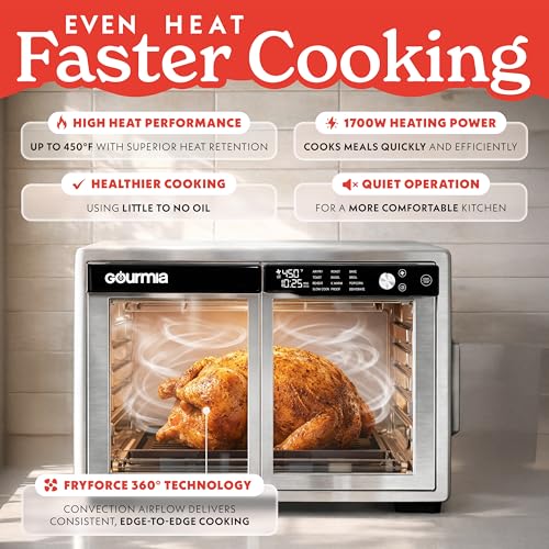 Gourmia French Door Air Fryer Oven - 37 Qt Large Capacity Convection Toaster Oven, FryForce 360°, Digital Display, 12 Cooking Presets, Dehydrate, Fits 13” Pizza, Dishwasher-Safe, Stainless Steel - My Kitchen Products