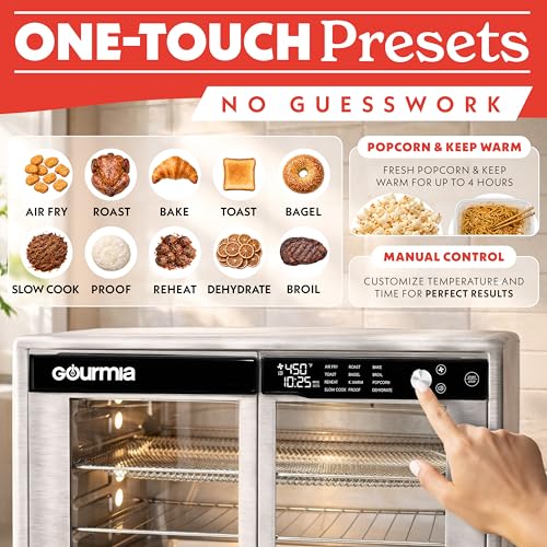 Gourmia French Door Air Fryer Oven - 37 Qt Large Capacity Convection Toaster Oven, FryForce 360°, Digital Display, 12 Cooking Presets, Dehydrate, Fits 13” Pizza, Dishwasher-Safe, Stainless Steel - My Kitchen Products