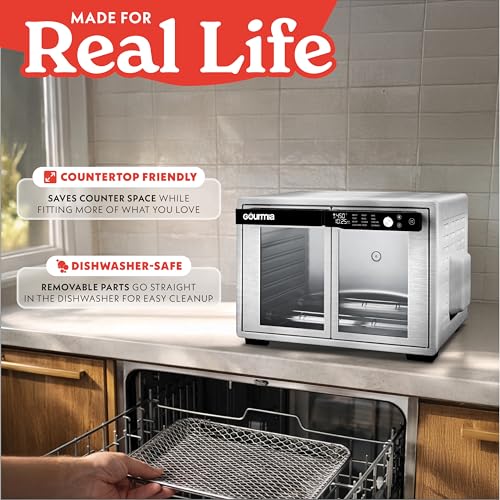 Gourmia French Door Air Fryer Oven - 37 Qt Large Capacity Convection Toaster Oven, FryForce 360°, Digital Display, 12 Cooking Presets, Dehydrate, Fits 13” Pizza, Dishwasher-Safe, Stainless Steel - My Kitchen Products
