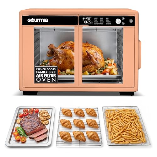 Gourmia French Door Air Fryer Oven - 37 Qt Large Capacity Convection Toaster Oven, FryForce 360°, Digital Display, 12 Cooking Presets, Dehydrate, Fits 13” Pizza, Dishwasher-Safe, Peach - My Kitchen Products
