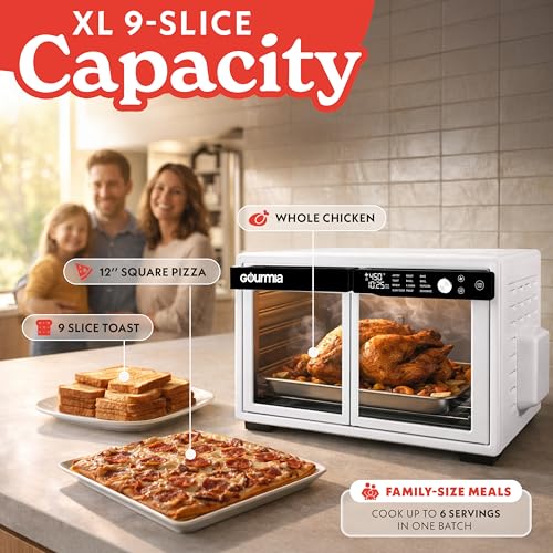 Gourmia French Door Air Fryer Oven - 37 Qt Large Capacity Convection Toaster Oven, FryForce 360°, Digital Display, 12 Cooking Presets, Dehydrate, Fits 13” Pizza, Dishwasher-Safe, White - My Kitchen Products