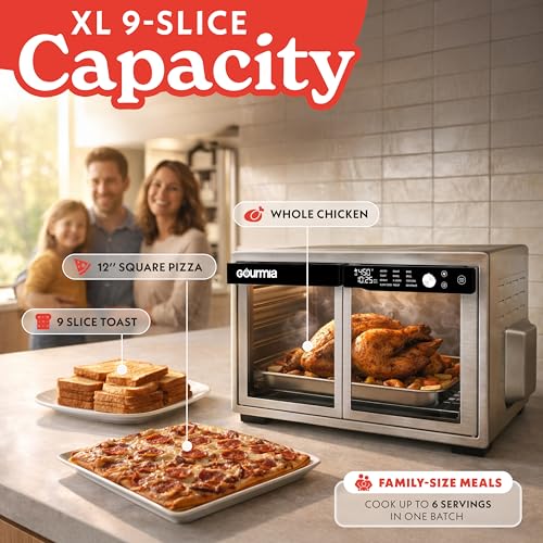 Gourmia French Door Air Fryer Oven - 37 Qt Large Capacity Convection Toaster Oven, FryForce 360°, Digital Display, 12 Cooking Presets, Dehydrate, Fits 13” Pizza, Dishwasher-Safe, Stainless Steel - My Kitchen Products