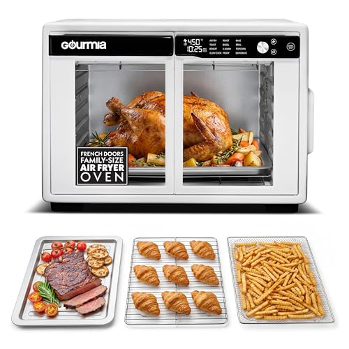 Gourmia French Door Air Fryer Oven - 37 Qt Large Capacity Convection Toaster Oven, FryForce 360°, Digital Display, 12 Cooking Presets, Dehydrate, Fits 13” Pizza, Dishwasher-Safe, White - My Kitchen Products