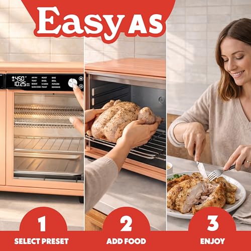 Gourmia French Door Air Fryer Oven - 37 Qt Large Capacity Convection Toaster Oven, FryForce 360°, Digital Display, 12 Cooking Presets, Dehydrate, Fits 13” Pizza, Dishwasher-Safe, Peach - My Kitchen Products