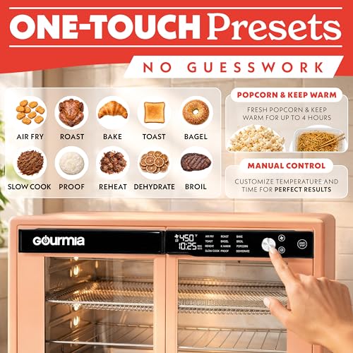 Gourmia French Door Air Fryer Oven - 37 Qt Large Capacity Convection Toaster Oven, FryForce 360°, Digital Display, 12 Cooking Presets, Dehydrate, Fits 13” Pizza, Dishwasher-Safe, Peach - My Kitchen Products