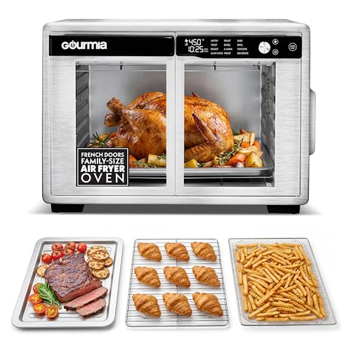 Gourmia French Door Air Fryer Oven - 37 Qt Large Capacity Convection Toaster Oven, FryForce 360°, Digital Display, 12 Cooking Presets, Dehydrate, Fits 13” Pizza, Dishwasher-Safe, Stainless Steel - My Kitchen Products