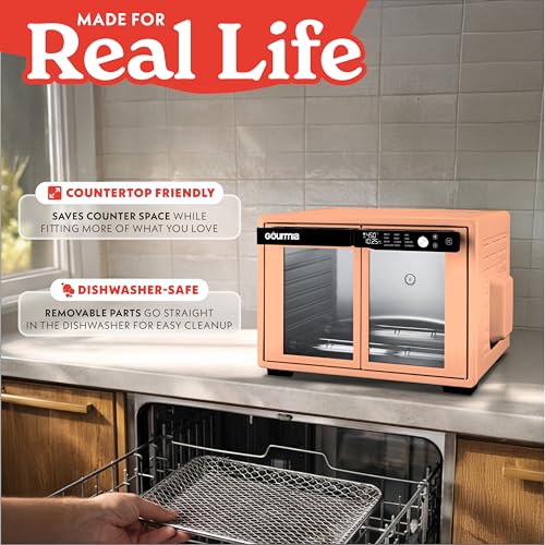 Gourmia French Door Air Fryer Oven - 37 Qt Large Capacity Convection Toaster Oven, FryForce 360°, Digital Display, 12 Cooking Presets, Dehydrate, Fits 13” Pizza, Dishwasher-Safe, Peach - My Kitchen Products