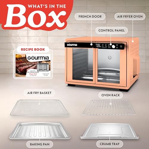Gourmia French Door Air Fryer Oven - 37 Qt Large Capacity Convection Toaster Oven, FryForce 360°, Digital Display, 12 Cooking Presets, Dehydrate, Fits 13” Pizza, Dishwasher-Safe, Peach - My Kitchen Products