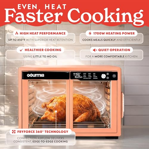 Gourmia French Door Air Fryer Oven - 37 Qt Large Capacity Convection Toaster Oven, FryForce 360°, Digital Display, 12 Cooking Presets, Dehydrate, Fits 13” Pizza, Dishwasher-Safe, Peach - My Kitchen Products