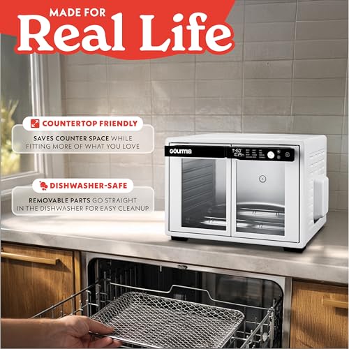 Gourmia French Door Air Fryer Oven - 37 Qt Large Capacity Convection Toaster Oven, FryForce 360°, Digital Display, 12 Cooking Presets, Dehydrate, Fits 13” Pizza, Dishwasher-Safe, White - My Kitchen Products