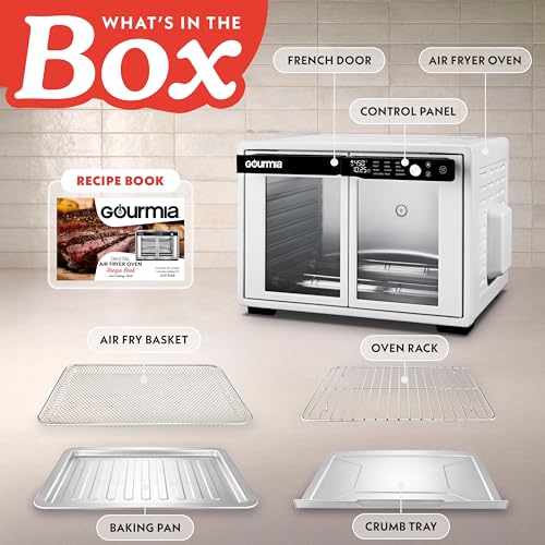 Gourmia French Door Air Fryer Oven - 37 Qt Large Capacity Convection Toaster Oven, FryForce 360°, Digital Display, 12 Cooking Presets, Dehydrate, Fits 13” Pizza, Dishwasher-Safe, White - My Kitchen Products