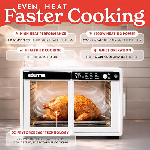 Gourmia French Door Air Fryer Oven - 37 Qt Large Capacity Convection Toaster Oven, FryForce 360°, Digital Display, 12 Cooking Presets, Dehydrate, Fits 13” Pizza, Dishwasher-Safe, White - My Kitchen Products