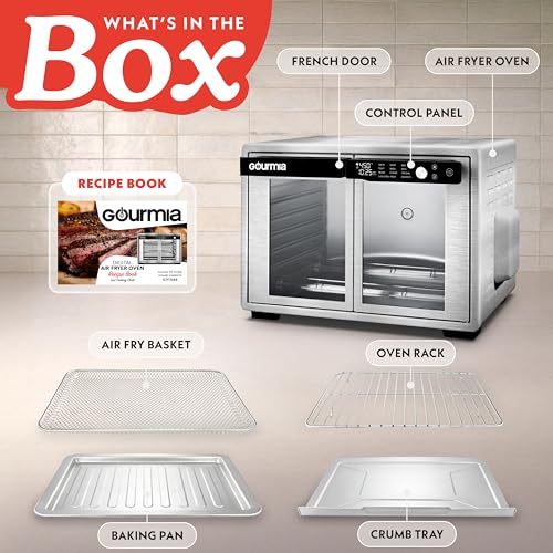Gourmia French Door Air Fryer Oven - 37 Qt Large Capacity Convection Toaster Oven, FryForce 360°, Digital Display, 12 Cooking Presets, Dehydrate, Fits 13” Pizza, Dishwasher-Safe, Stainless Steel - My Kitchen Products