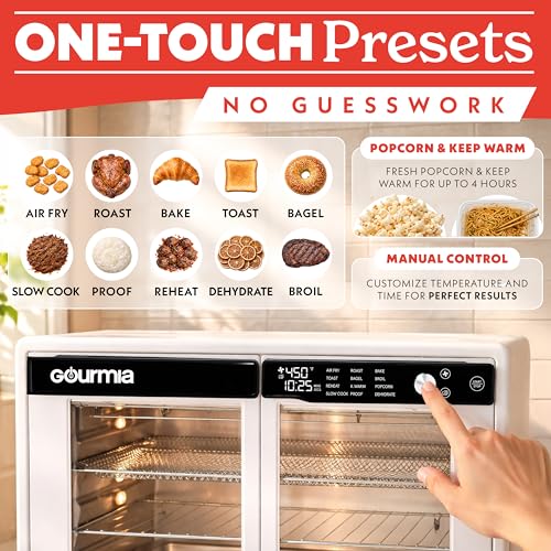 Gourmia French Door Air Fryer Oven - 37 Qt Large Capacity Convection Toaster Oven, FryForce 360°, Digital Display, 12 Cooking Presets, Dehydrate, Fits 13” Pizza, Dishwasher-Safe, White - My Kitchen Products