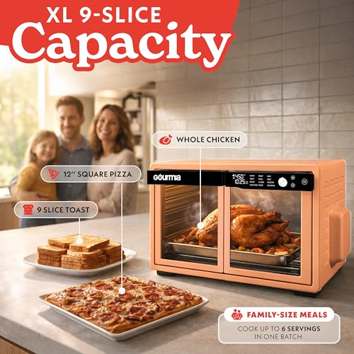 Gourmia French Door Air Fryer Oven - 37 Qt Large Capacity Convection Toaster Oven, FryForce 360°, Digital Display, 12 Cooking Presets, Dehydrate, Fits 13” Pizza, Dishwasher-Safe, Peach - My Kitchen Products