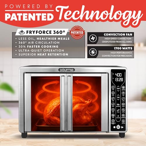 Gourmia French Door Air Fryer Toaster Oven – 6-Slice Capacity, FryForce 360°, Digital Display with 17 Cooking Presets, Stainless Steel - My Kitchen Products