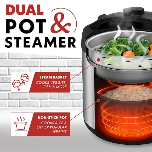 Gourmia Rice Cooker – 3 Qt Capacity, 12 Cup Cooked, 6 Cup Uncooked, Digital Controls, Grain Cooker & Steamer, Built-In Steamer Basket, Nonstick Ceramic Pot, Delay Timer, Keep Warm, Stainless Steel - My Kitchen Products