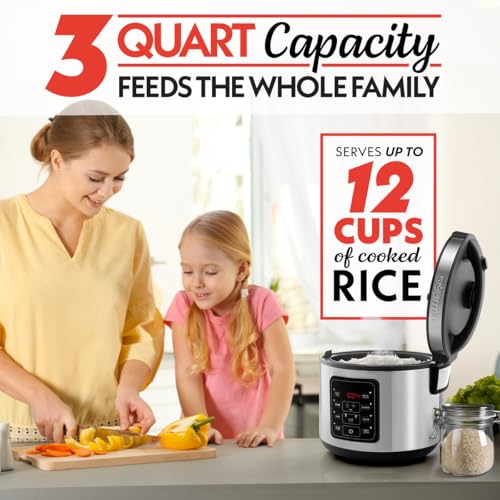 Gourmia Rice Cooker – 3 Qt Capacity, 12 Cup Cooked, 6 Cup Uncooked, Digital Controls, Grain Cooker & Steamer, Built-In Steamer Basket, Nonstick Ceramic Pot, Delay Timer, Keep Warm, Stainless Steel - My Kitchen Products