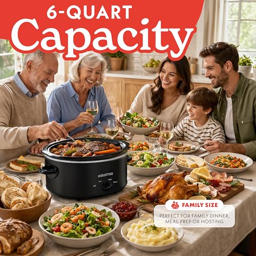 Gourmia Slow Cooker - 6 Quart Removable Ceramic Pot, Manual Controls with 3 Temperature Settings, Dishwasher Safe Crock and Glass Lid, Black - My Kitchen Products