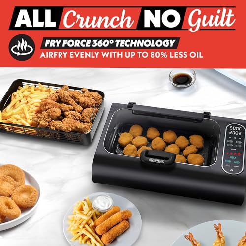 Gourmia Smokeless Indoor Grill - Air Fryer Combo with Smoke Extractor, 5 Cooking Presets, Grill, Air Fry, Roast, Bake, Dehydrate, Countertop Cooker, Glass Lid - My Kitchen Products