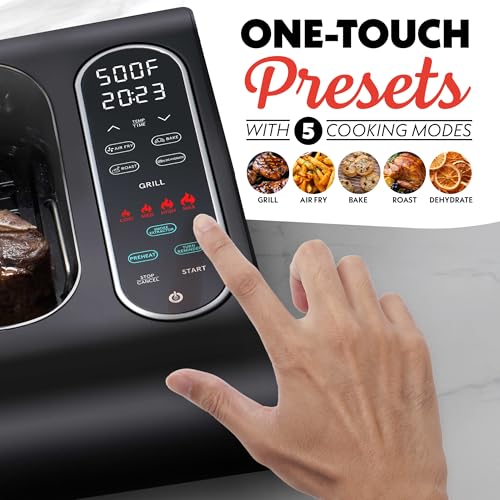 Gourmia Smokeless Indoor Grill - Air Fryer Combo with Smoke Extractor, 5 Cooking Presets, Grill, Air Fry, Roast, Bake, Dehydrate, Countertop Cooker, Glass Lid - My Kitchen Products