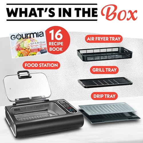Gourmia Smokeless Indoor Grill - Air Fryer Combo with Smoke Extractor, 5 Cooking Presets, Grill, Air Fry, Roast, Bake, Dehydrate, Countertop Cooker, Glass Lid - My Kitchen Products