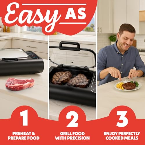 Gourmia Smokeless Indoor Grill - Air Fryer Combo with Smoke Extractor, 5 Cooking Presets, Grill, Air Fry, Roast, Bake, Dehydrate, Countertop Cooker, Glass Lid - My Kitchen Products