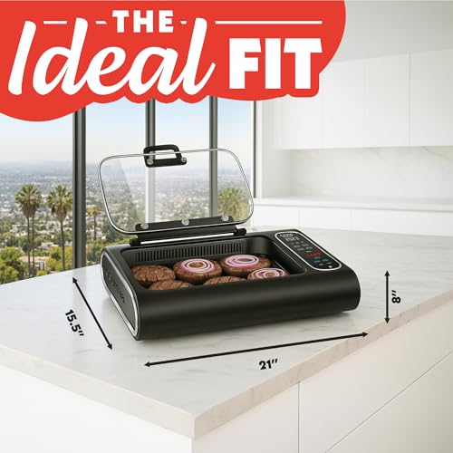 Gourmia Smokeless Indoor Grill - Air Fryer Combo with Smoke Extractor, 5 Cooking Presets, Grill, Air Fry, Roast, Bake, Dehydrate, Countertop Cooker, Glass Lid - My Kitchen Products