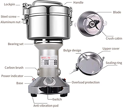 Grain Mill Grinder 750g High Speed Electric Stainless Steel Grinder Cereals Corn Flour Pulverizer Powder Machine for Dry Spice Herbs Grains Coffee Rice Pepper - My Kitchen Products