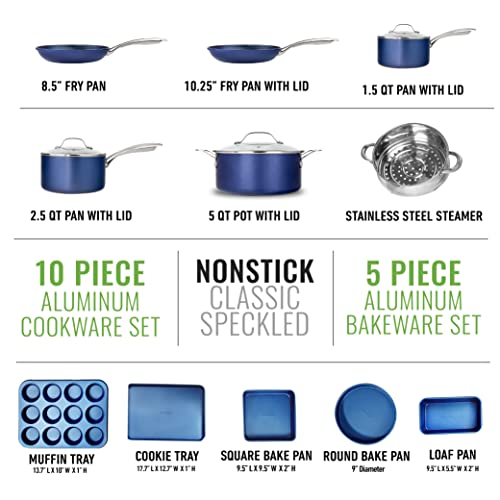 Granitestone 15 Pc Kitchen Pots and Pans Set Non Stick, Kitchen Cookware Sets, Pot and Pan Set, Nonstick Cookware Set, Diamond Coated Non Stick Pots and Pan Set, Dishwasher Safe - Blue - My Kitchen Products