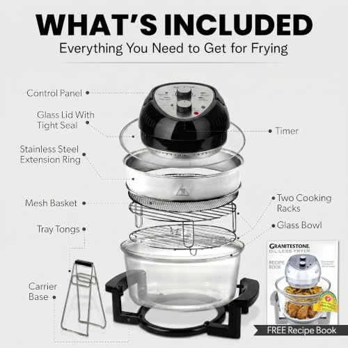 Granitestone 16 Qt Large Glass Air Fryer Non Toxic, Black - My Kitchen Products
