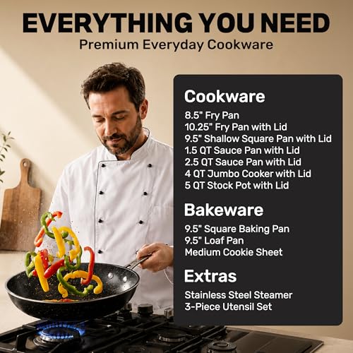 GRANITESTONE 20 Pc Complete Pots and Pans Set Non Stick Cookware Set with Saute Pan, Bakeware, Steamer, Cooking Utensils, Made Without PFOA PFOS, Oven and Dishwasher Safe - My Kitchen Products