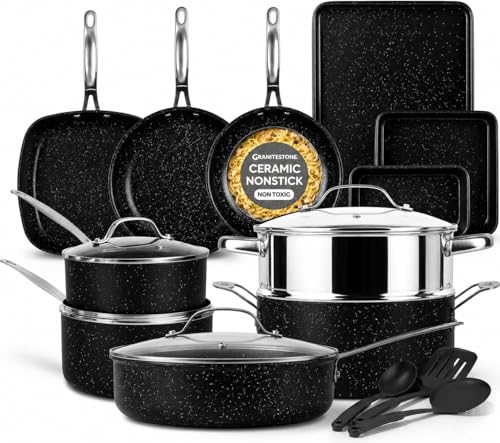 GRANITESTONE 20 Pc Complete Pots and Pans Set Non Stick Cookware Set with Saute Pan, Bakeware, Steamer, Cooking Utensils, Made Without PFOA PFOS, Oven and Dishwasher Safe - My Kitchen Products
