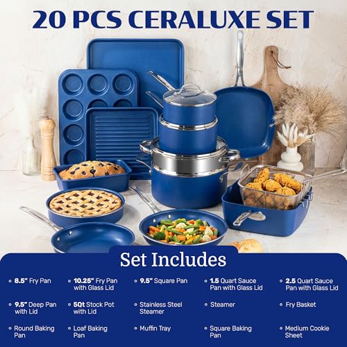 Granitestone Ceraluxe 20 Pc Ceramic Cookware Set Nonstick, Complete Pots and Pans Set Non Stick with 5 Pc Bakeware Set, Deep Frying Pan Set, & Steamer, Non Toxic PFOA Free, Oven & Dishwasher Safe - My Kitchen Products