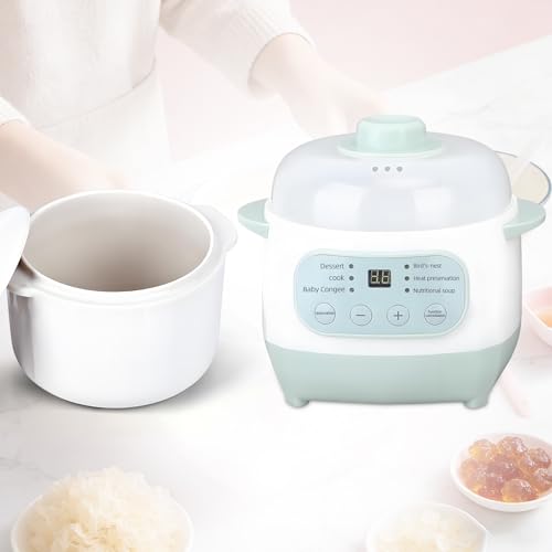 Green 1L Mini Slow Cooker with Steamer Basket, 200W Smart Ceramic Electric Stew Pot, 24-Hour Timer & Auto Keep-Warm, Dry-Burn Protection, Kitchen Cooking Appliance - My Kitchen Products