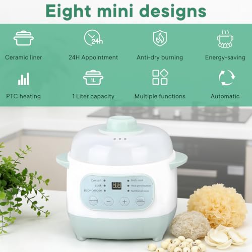 Green 1L Mini Slow Cooker with Steamer Basket, 200W Smart Ceramic Electric Stew Pot, 24-Hour Timer & Auto Keep-Warm, Dry-Burn Protection, Kitchen Cooking Appliance - My Kitchen Products