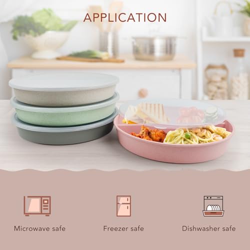 greenandlife 9 Inch 4PCS Divided Plates with Lids, Portion Control Plates for Kids Adults, Dishwasher Microwave Safe Compartment Plate, Unbreakable Lightweight Reusable Wheat Straw Plate Set, INS - My Kitchen Products