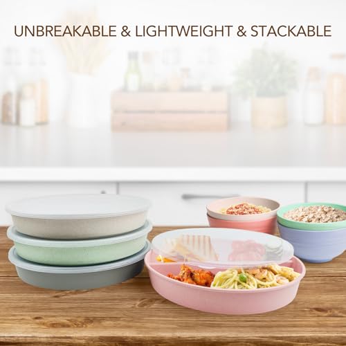 greenandlife 9 Inch 4PCS Divided Plates with Lids, Portion Control Plates for Kids Adults, Dishwasher Microwave Safe Compartment Plate, Unbreakable Lightweight Reusable Wheat Straw Plate Set, INS - My Kitchen Products