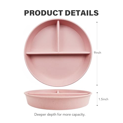 greenandlife 9 Inch 4PCS Divided Plates with Lids, Portion Control Plates for Kids Adults, Dishwasher Microwave Safe Compartment Plate, Unbreakable Lightweight Reusable Wheat Straw Plate Set, INS - My Kitchen Products