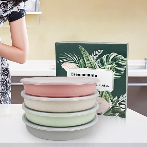 greenandlife 9 Inch 4PCS Divided Plates with Lids, Portion Control Plates for Kids Adults, Dishwasher Microwave Safe Compartment Plate, Unbreakable Lightweight Reusable Wheat Straw Plate Set, INS - My Kitchen Products