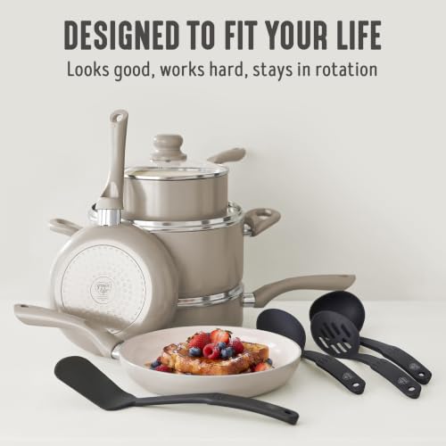 GreenLife 16-Piece Nonstick Cookware Set, Non-Toxic Ceramic Pots and Pans Set, Durable Healthy Kitchen Essentials, Fast Heating, Induction Ready, Easy Clean Dishwasher Safe, PFAS-Free, Beige Taupe - My Kitchen Products