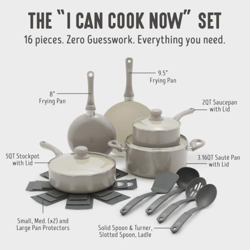 GreenLife 16-Piece Nonstick Cookware Set, Non-Toxic Ceramic Pots and Pans Set, Durable Healthy Kitchen Essentials, Fast Heating, Induction Ready, Easy Clean Dishwasher Safe, PFAS-Free, Beige Taupe - My Kitchen Products